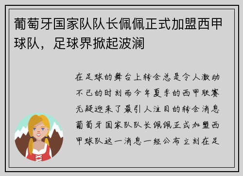 葡萄牙国家队队长佩佩正式加盟西甲球队，足球界掀起波澜