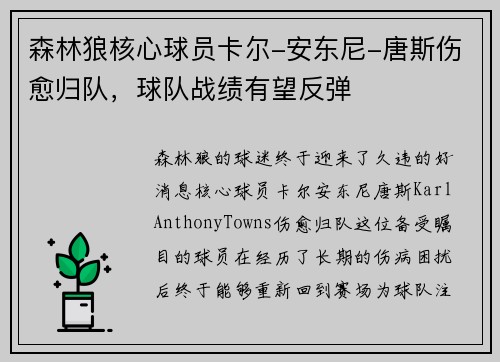 森林狼核心球员卡尔-安东尼-唐斯伤愈归队，球队战绩有望反弹